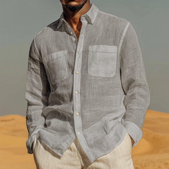 Men's Casual Solid Color Breathable Linen Lapel Patch Pocket Loose Long Sleeve Shirt DTT25070913
