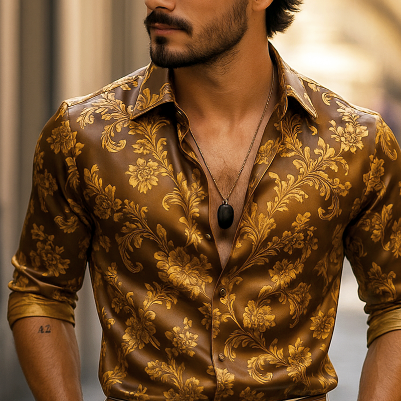 Men's Vintage Print Lapel Long Sleeve Shirt DTT25070817