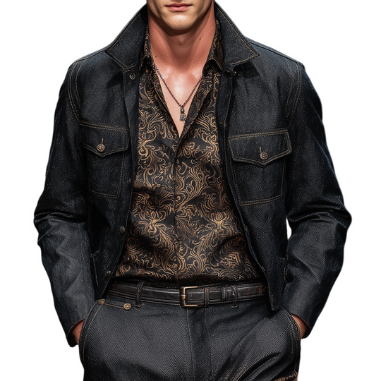 Men's Denim Stand Collar Chest Pocket Casual Jacket DTT25072315