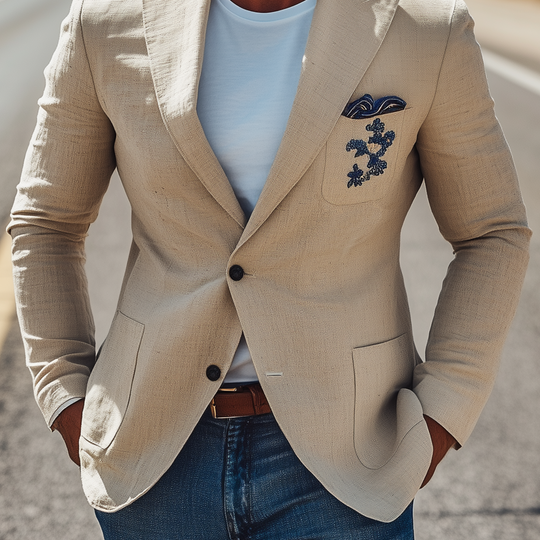 Men's Classic Casual Cotton And Linen Chest Patch Pocket Embroidery Single-breasted Slim-fit Blazer DTT25072401
