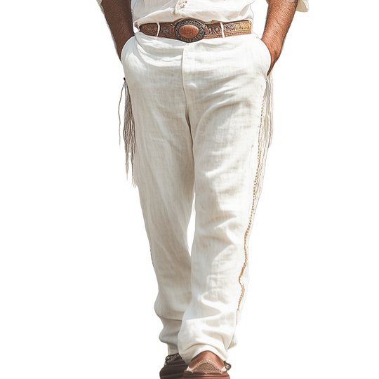Men's Spring And Summer Fashion Western Cowboy Style Cotton And Linen Side Stitching Webbing And Tassel Loose Casual Pants DTT25060612