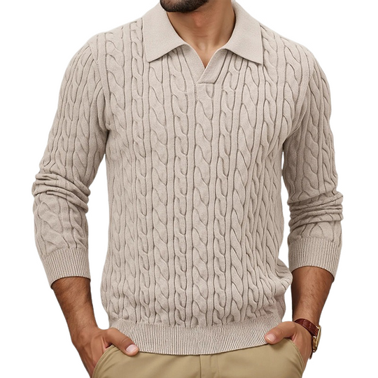 Men's Solid Color Slim-Fit Cable Textured POLO Neck Sweater DTT25081803
