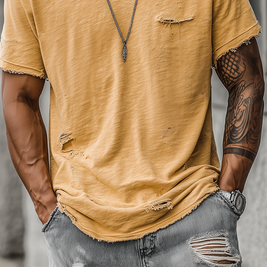 Men's Fashion Casual Bamboo Cotton Ripped Raw Edge Round Neck Short Sleeve T-shirt DTT25071819