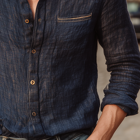 Men's Solid Color Cotton And Linen Lapel Long-sleeved Shirt DTT25071501
