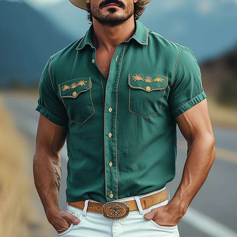 Men's Casual American Western Tough Style Cotton Blend Embroidered Slim Short Sleeve Shirt DTT25061719