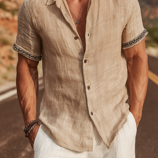 Men's Classic Casual Cotton And Linen Cuffs Decorative Ribbon Short-sleeved Shirt DTT25071705
