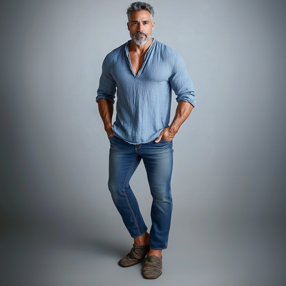 Men's Raw Edge Solid V Neck Long Sleeve Shirt 9903587295416