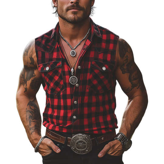 Men's Summer Western Cowboy Style Plaid Sleeveless Shirt DTT25060524