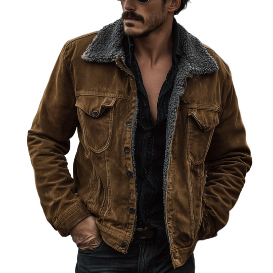 Men's Vintage Solid Fabric Splicing Polar Fleece Lapel Jacket DTT25080715