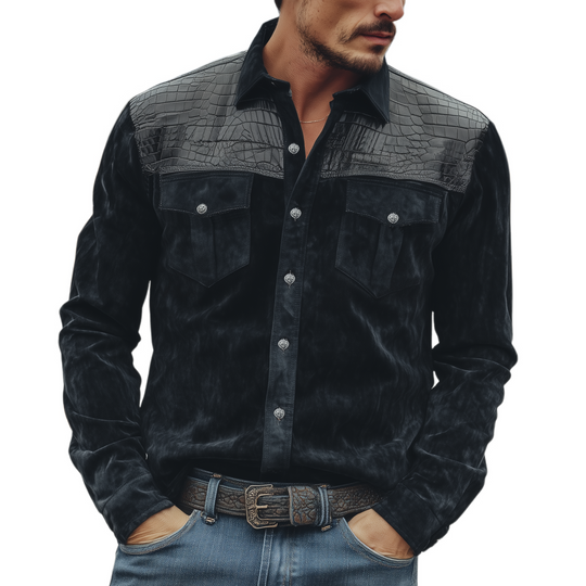 Men's Classic Retro Western Cowboy Style Suede And Textured Leather Long-sleeved Shirt DTT25081318