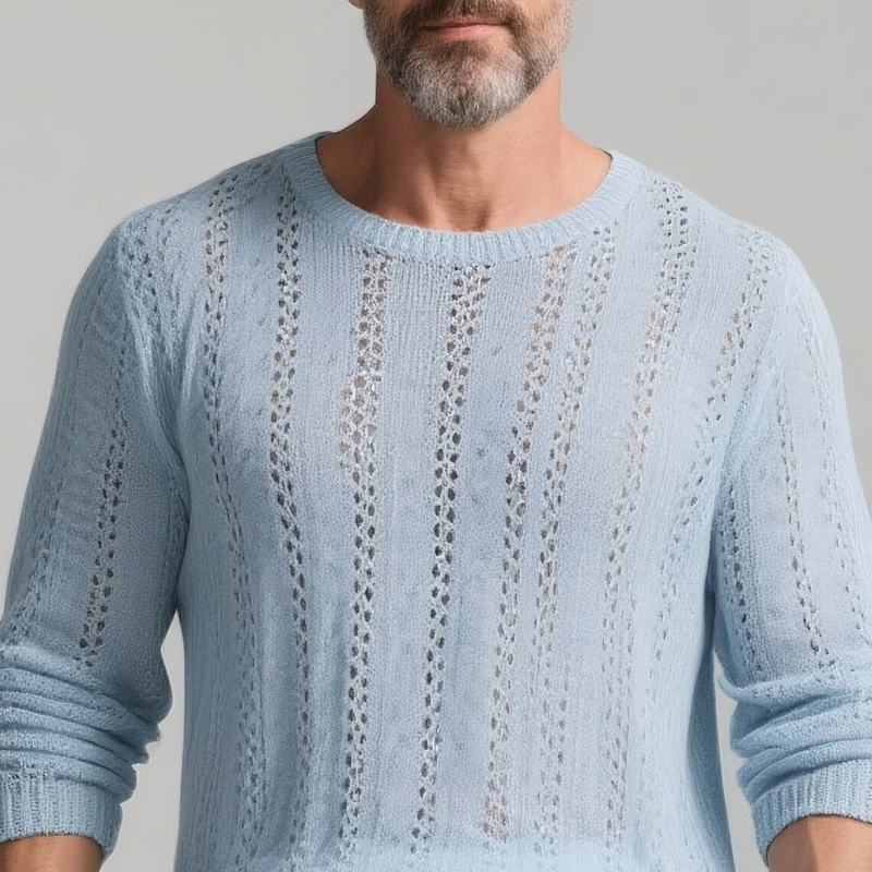 Men's Solid Color Hollow Out Knit Round Neck Long Sleeve Sweater DTT25073115