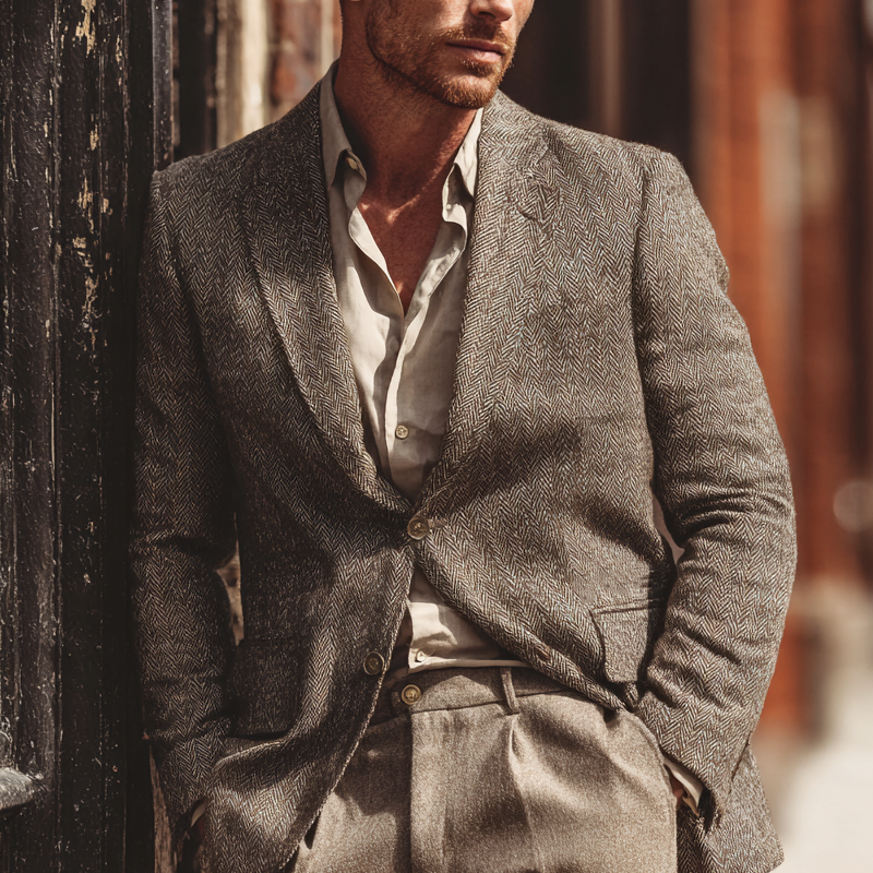 Men's Vintage Herringbone Textured Single-Breasted Blazer DTT25081216