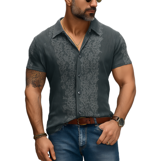 Men's Summer Fashion Embroidery Knitted Striped Short Sleeve Shirt DTT25062005