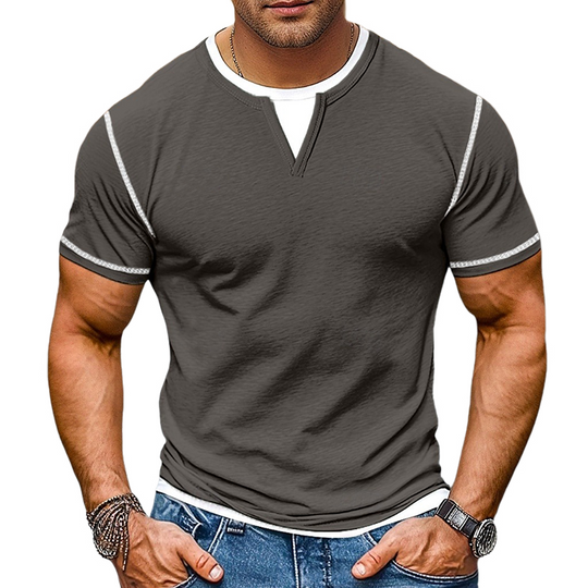 Men's Contrast Color V-Neck Cotton Blend Short Sleeve T-Shirt DTT25072408