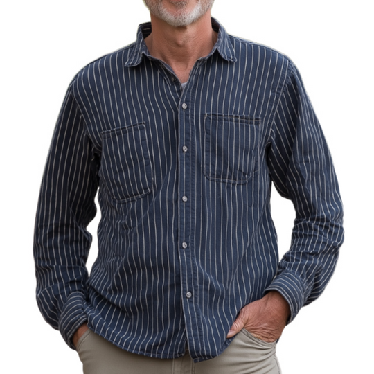 Men's Casual Vintage Lapel Vertical Striped Cotton Blend Long Sleeve Shirt 9912945705144