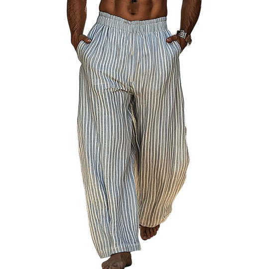 Men's Retro Cotton And Linen Stripes Vacation Elastic Waist Wide Leg Pants 9899721195704