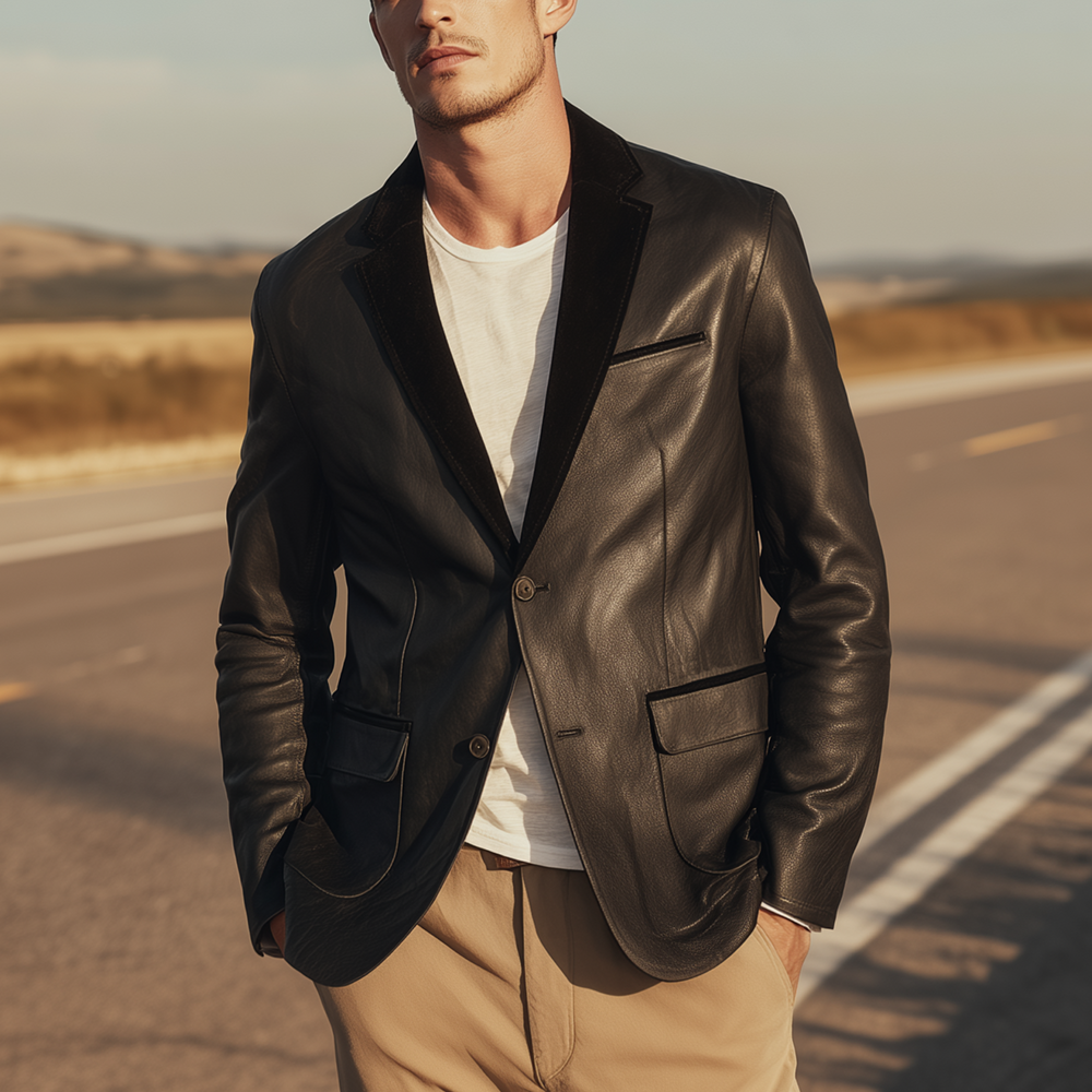 Men's Classic Retro PU Leather And Suede Single-breasted Slim-fit Blazer DTT25080720
