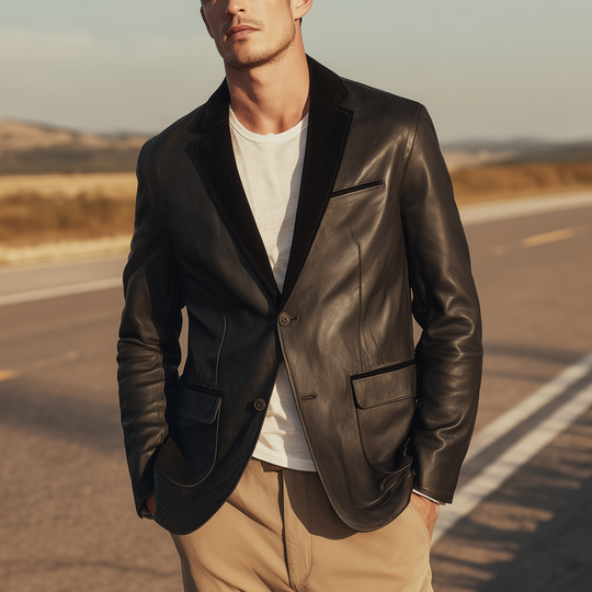 Men's Classic Retro PU Leather And Suede Single-breasted Slim-fit Blazer DTT25080720