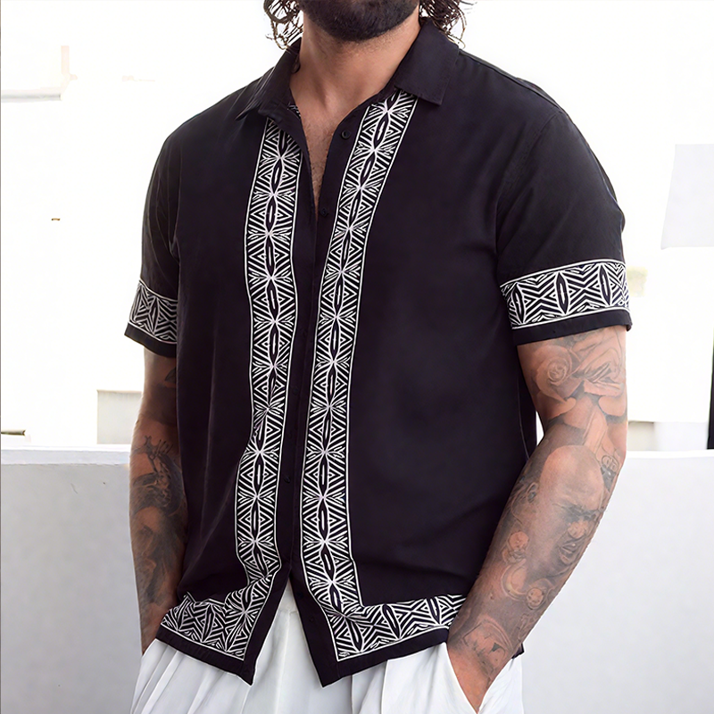 Men's Retro Casual Street Geometric Print Lapel Short Sleeve Shirt DTT25072907