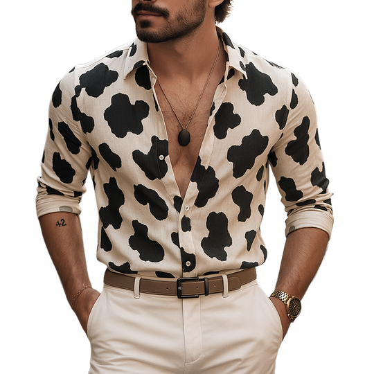 Men's Cow Print Lapel Long Sleeve Shirt DTT25062408