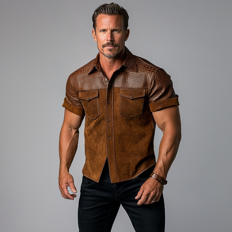 Men's Crocodile PU Leather Patchwork Suede Chest Pocket Short Sleeve Shirt 9906596643000