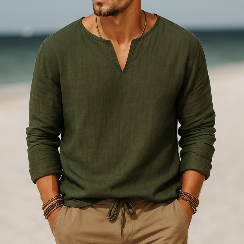 Men's Casual Solid Color Breathable Cotton Linen V-neck Loose Long-sleeved T-shirt DTT25070215