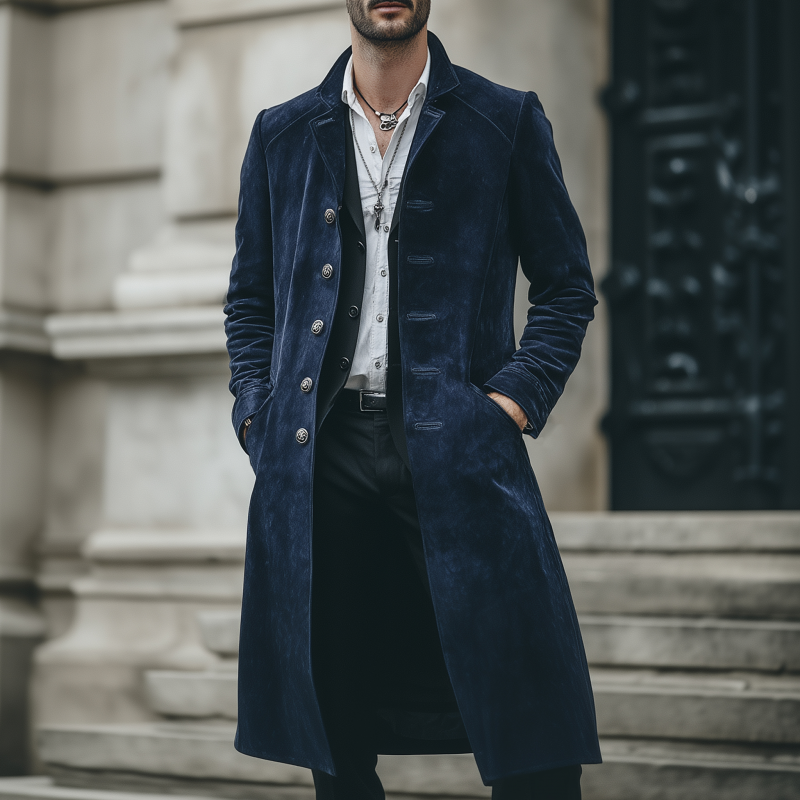 Men's Vintage Elegant Solid Color Suede Lapel Single-Breasted Slim Knee-Length Coat DTT25080618
