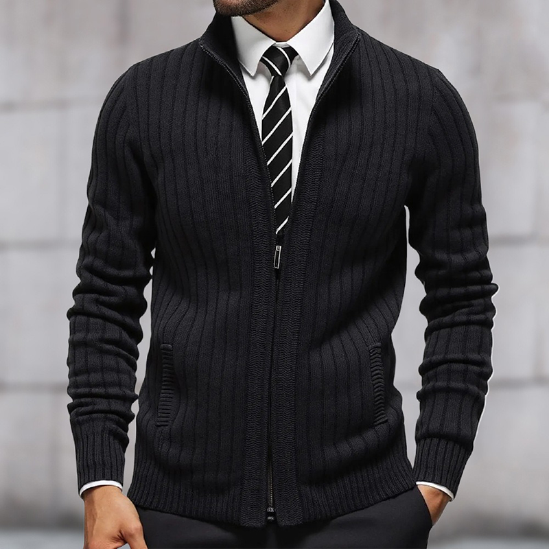 Men's Stand Collar Solid Color Striped Knit Zipper Cardigan DTT25081801
