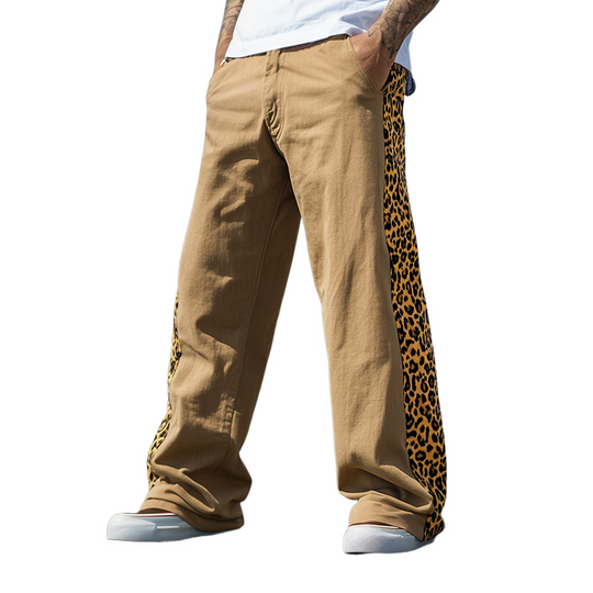Men's Spring And Summer Casual Western Cowboy Style Cotton And Linen Splicing Leopard Print Loose Pants DTT25060611