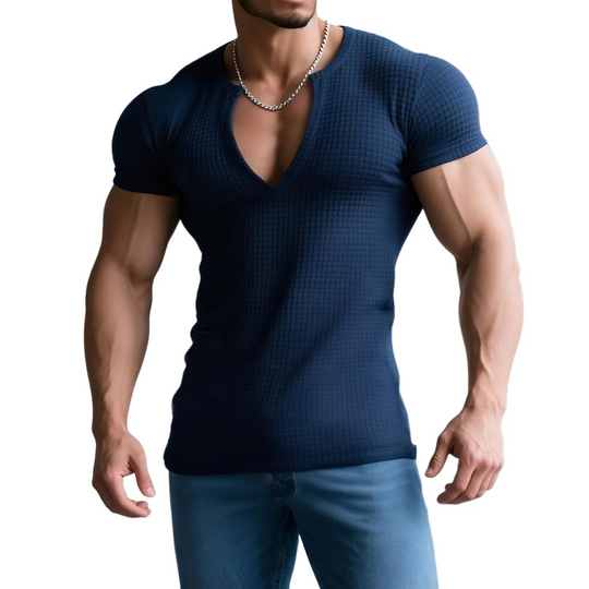 Men's Retro Casual Solid Color Waffle V-Neck Short Sleeve T-Shirt DTT25072420