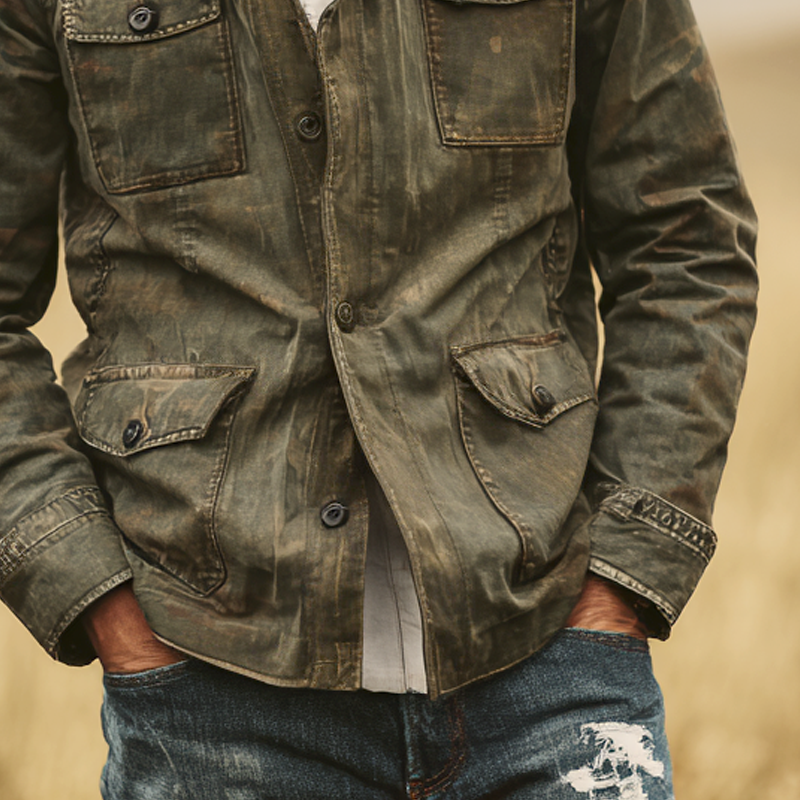 Men's Washed Camouflage Cotton Stand Collar Multi-pocket Cargo Jacket DTT25090407