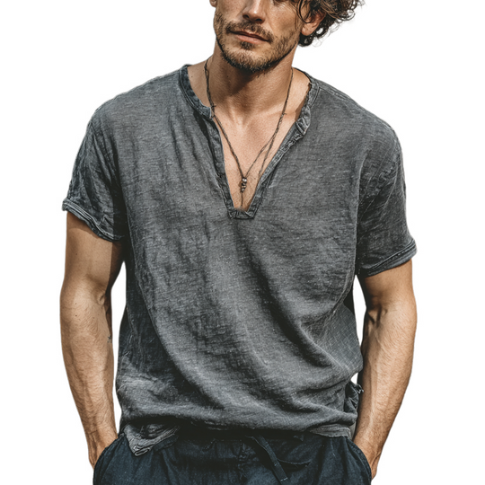 Men's Linen Blend V-Neck Short Sleeve T-Shirt DTT25070313