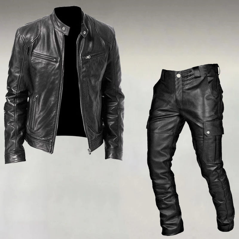 Men's Fashion Casual Stand Collar Zipper PU Leather Jacket & Pocket Pants 2Pcs Set 9888553697464