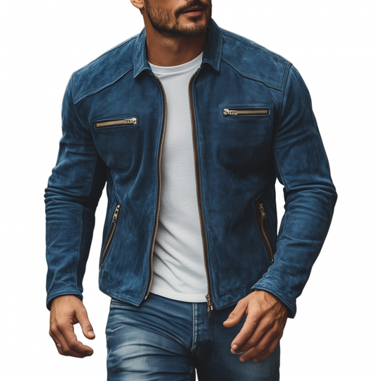 Men's Vintage Solid Suede Lapel Zipper Placket Zipper Pocket Slim Fit Jacket DTT25081202