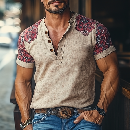 Men's Summer Fashion Casual Tough Guy Henley Collar Cotton And Linen Printed Short-sleeved T-shirt DTT25060503
