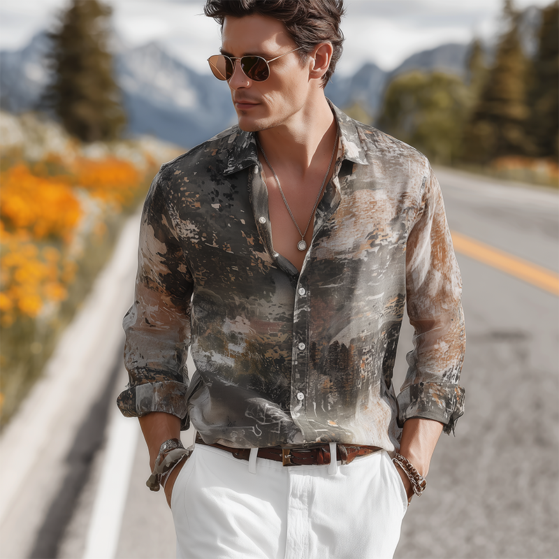 Men's Summer Fashion Casual Chiffon Slightly Transparent Sexy Art Print Long Sleeve Shirt DTT25071013