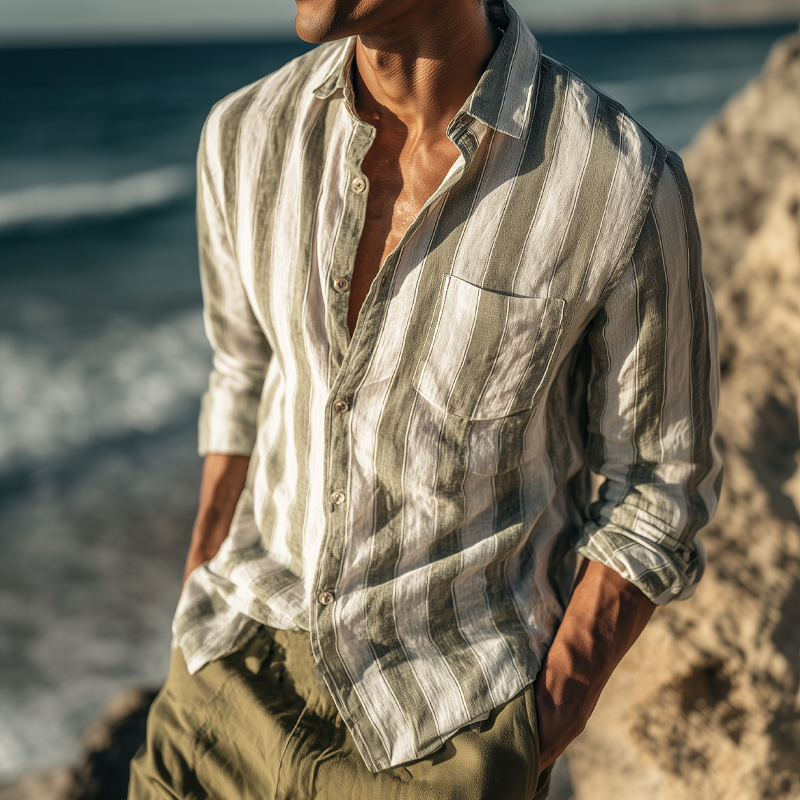 Men's Summer Classic Vertical Striped Casual Long-sleeved Shirt DTT25071014