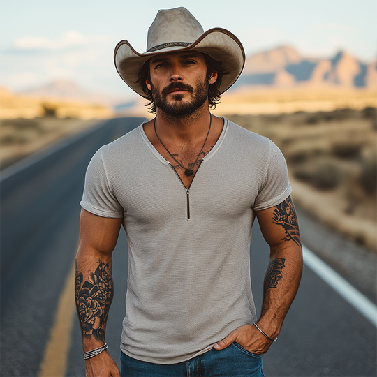 Men's Casual Classic American Western Tough Guy Style Knitted Waffle V-neck Zipper Slim Short-sleeved T-shirt DTT25053015