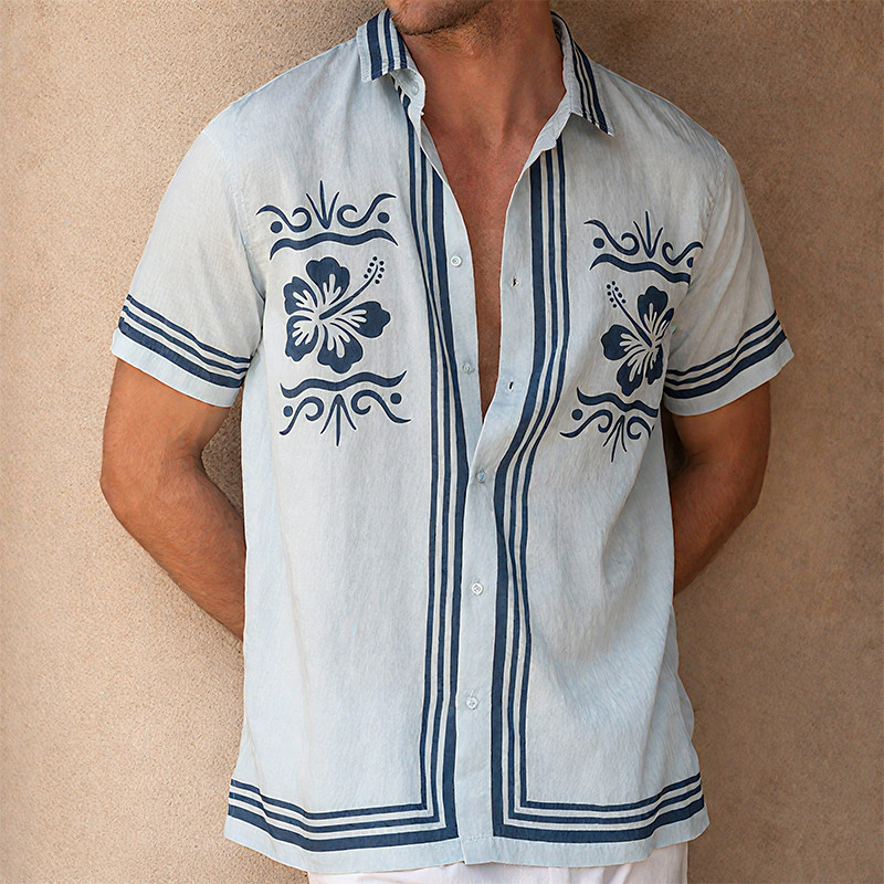 Men's Summer Casual Tencel Cotton Floral Print Lapel Short Sleeve Shirt DTT25070303