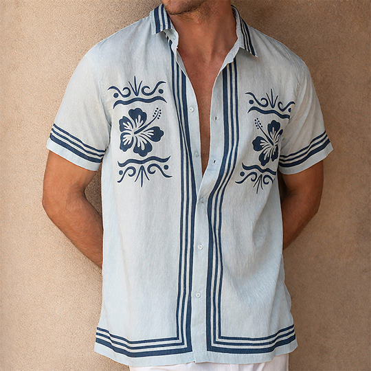 Men's Summer Casual Tencel Cotton Floral Print Lapel Short Sleeve Shirt DTT25070303