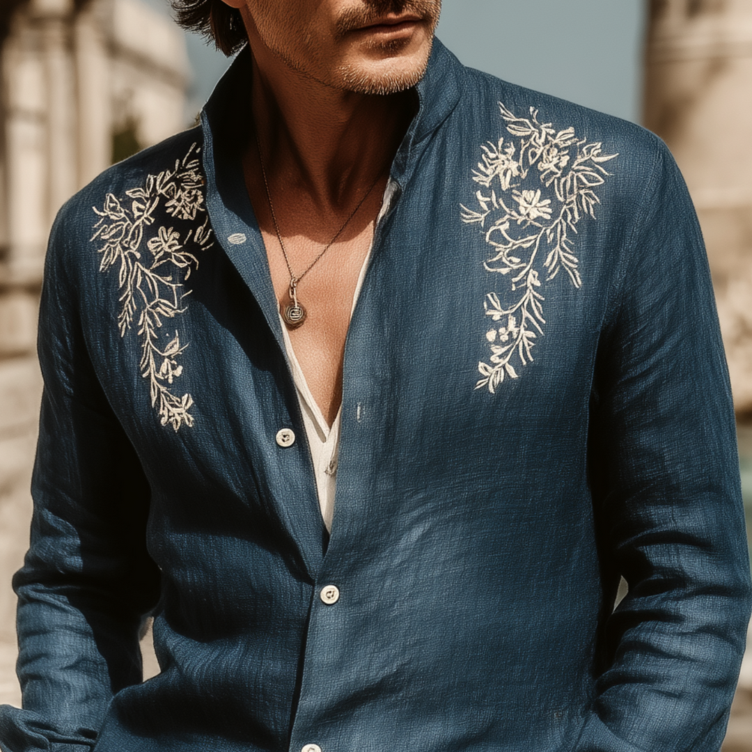 Men's Classic Casual Tencel Cotton And Linen Embroidered Stand Collar Long Sleeve Shirt DTT25072111