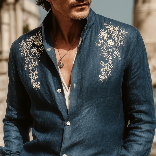 Men's Classic Casual Tencel Cotton And Linen Embroidered Stand Collar Long Sleeve Shirt DTT25072111