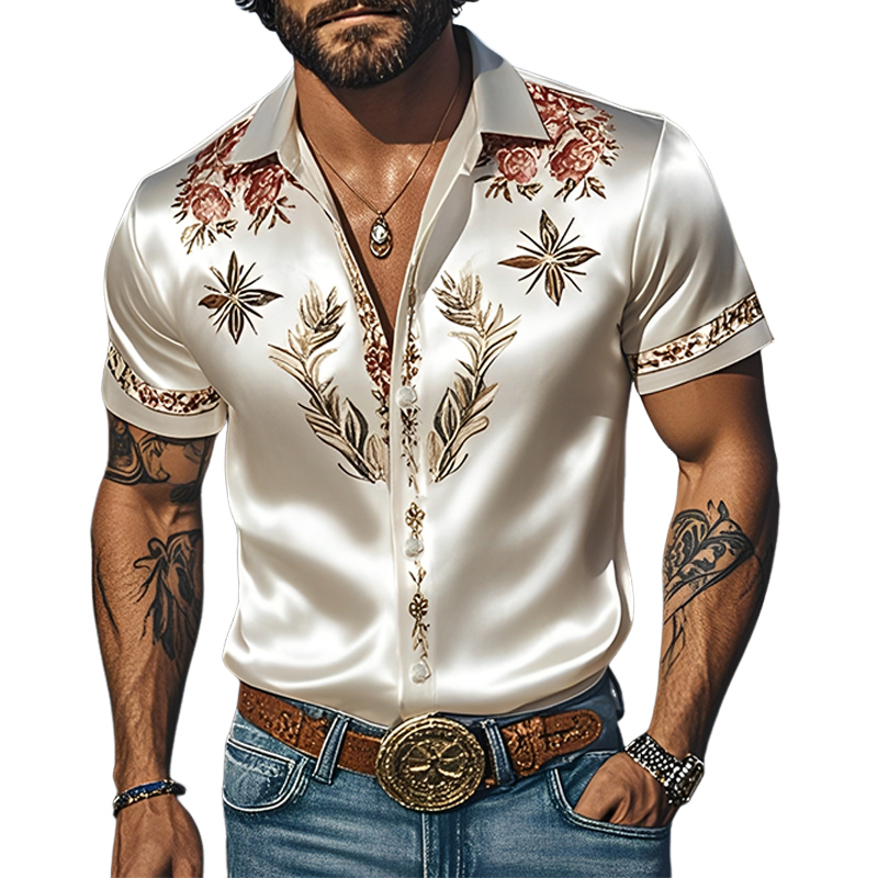 Men's Spring And Summer Fashion Casual Western Cowboy Style Satin Champagne Gold Print Short Sleeve Shirt DTT25060615