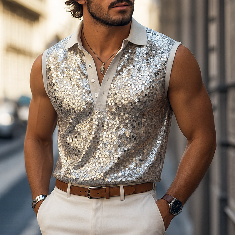 Men's Sequin Lapel Sleeveless Tank Top DTT25062718