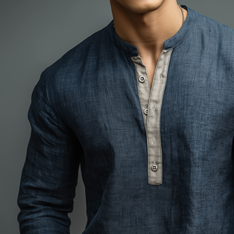 Men's Vintage Casual Cotton And Linen Henley Collar Long Sleeve Shirt DTT25081316