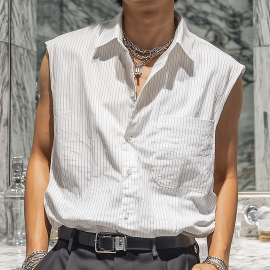 Men's Casual Breathable Cotton Striped Lapel Patch Pocket Loose Sleeveless Shirt DTT25080101