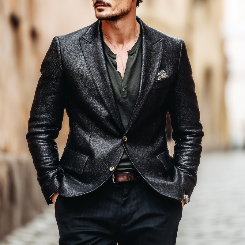 Men's Vintage Litchi Texture PU Peak Lapel Single-Breasted Slim-Fit Blazer DTT25082505