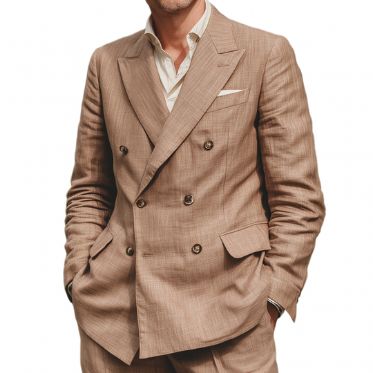 Men's Vintage Elegant Breathable Linen Peak Lapel Double Breasted Slim Fit Blazer DTT25071510