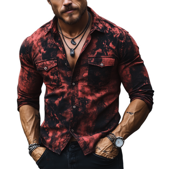 Men's Classic Black And Red Rendering Print Long Sleeve Shirt DTT25081211