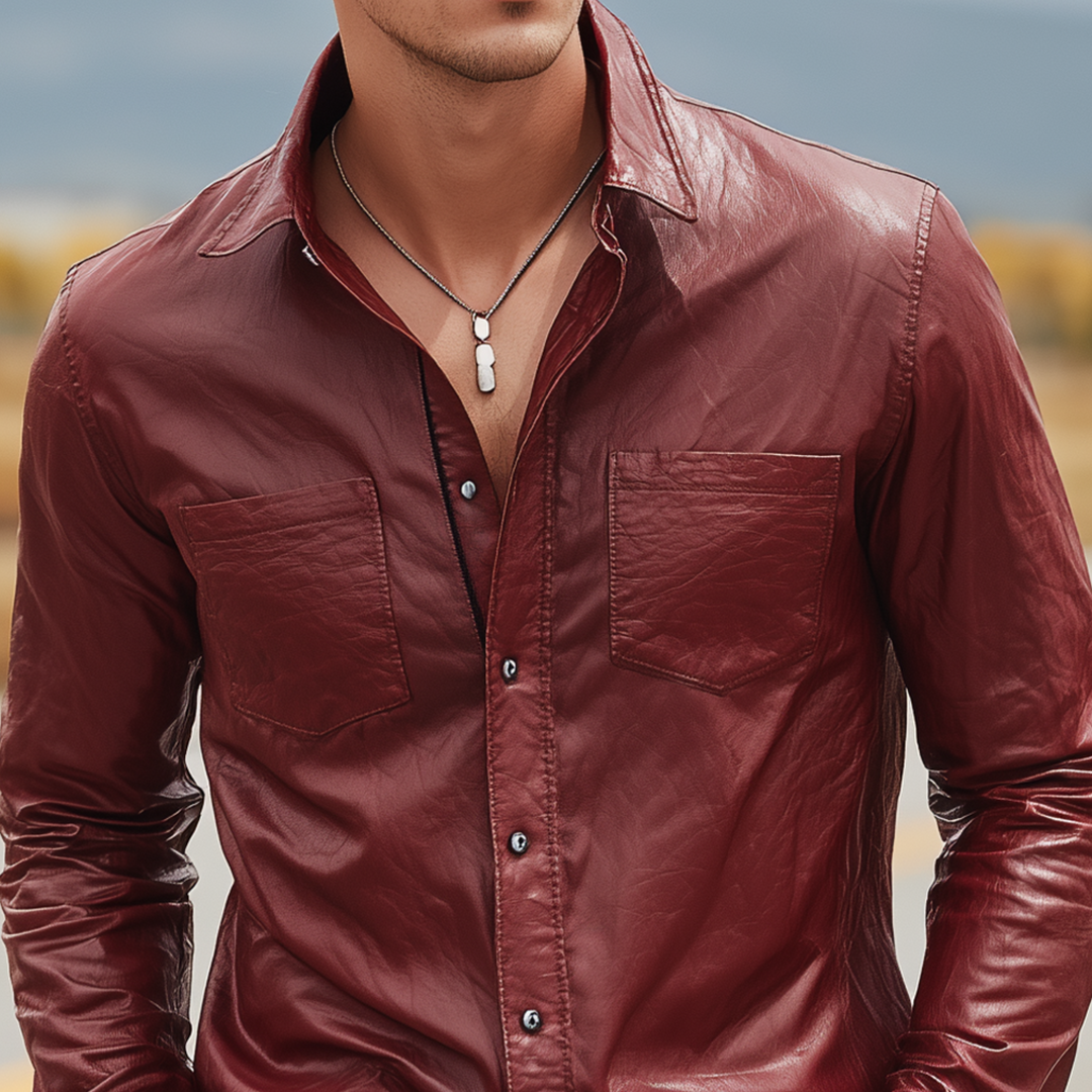 Men's Fashion Casual Pu Leather Slim Fit Metal Button Long Sleeve Shirt DTT25080607